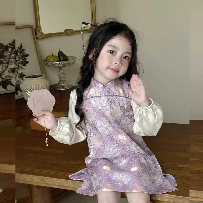 

Детская одежда: Весенне-летнее платье-ципао из шелка для девочек, фиолетовое, с длинным рукавом, в китайском стиле, винтажное, для осеннего дня рождения