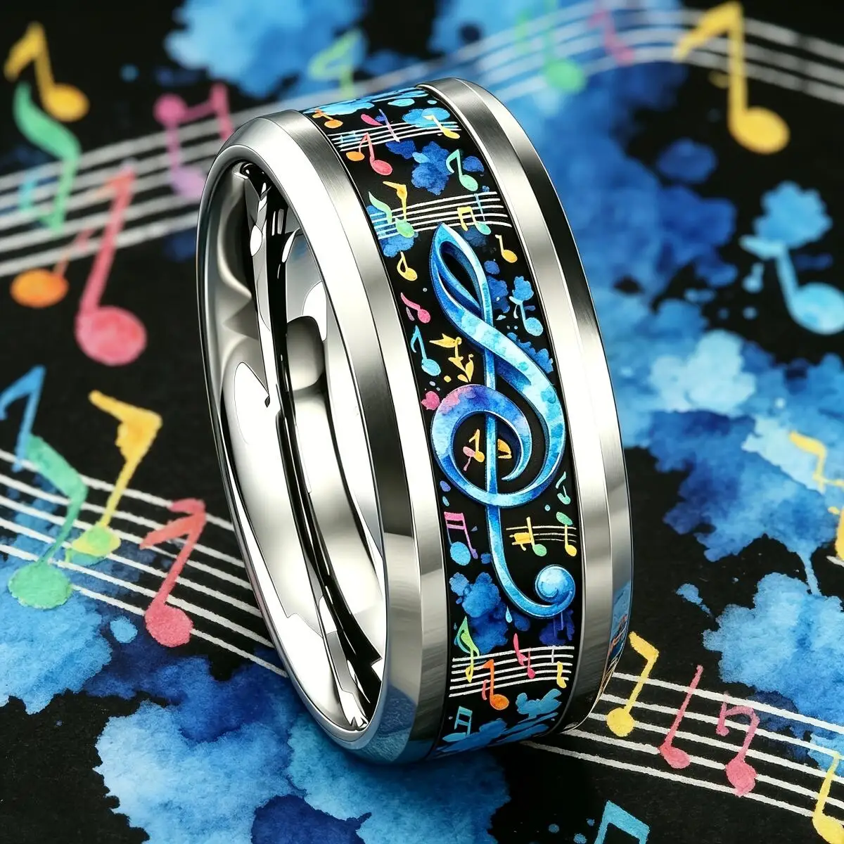 Fashion Colorful Music Note Treble Clef Ring Stainless Steel Rings for Men Women Wedding Jewelry For Music Lover Musician Gift