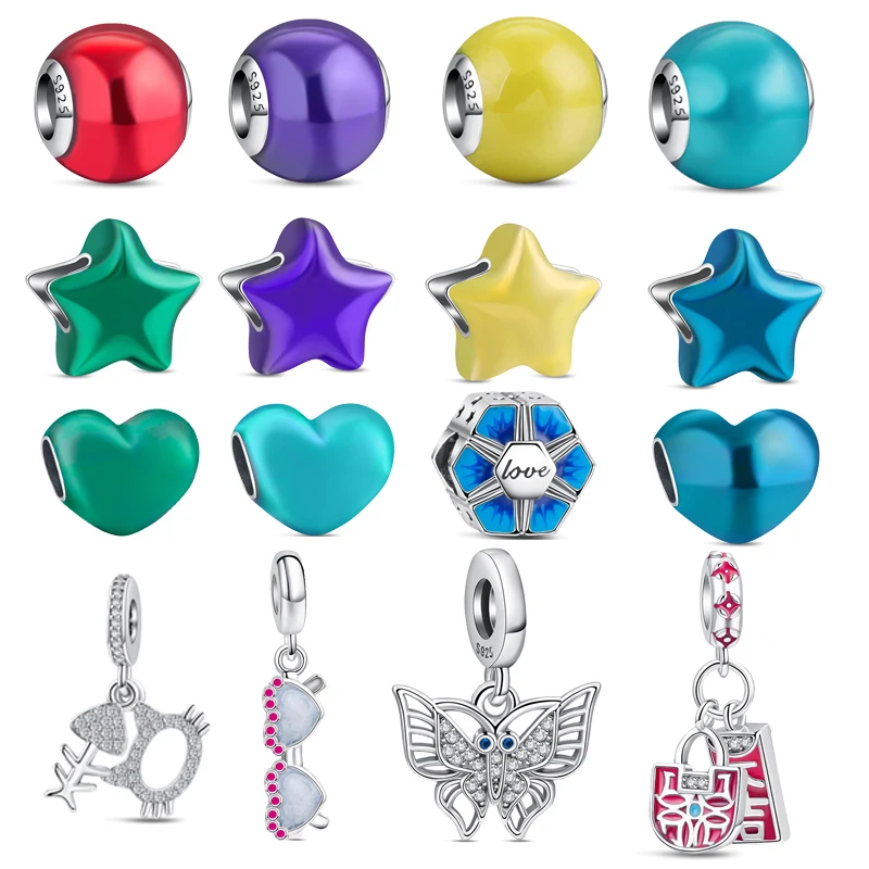 

Оригинальный кулон из стерлингового серебра 925 пробы с разноцветными сердечками и звездами, подходит для женщин, браслет «сделай сам», праздничный подарок