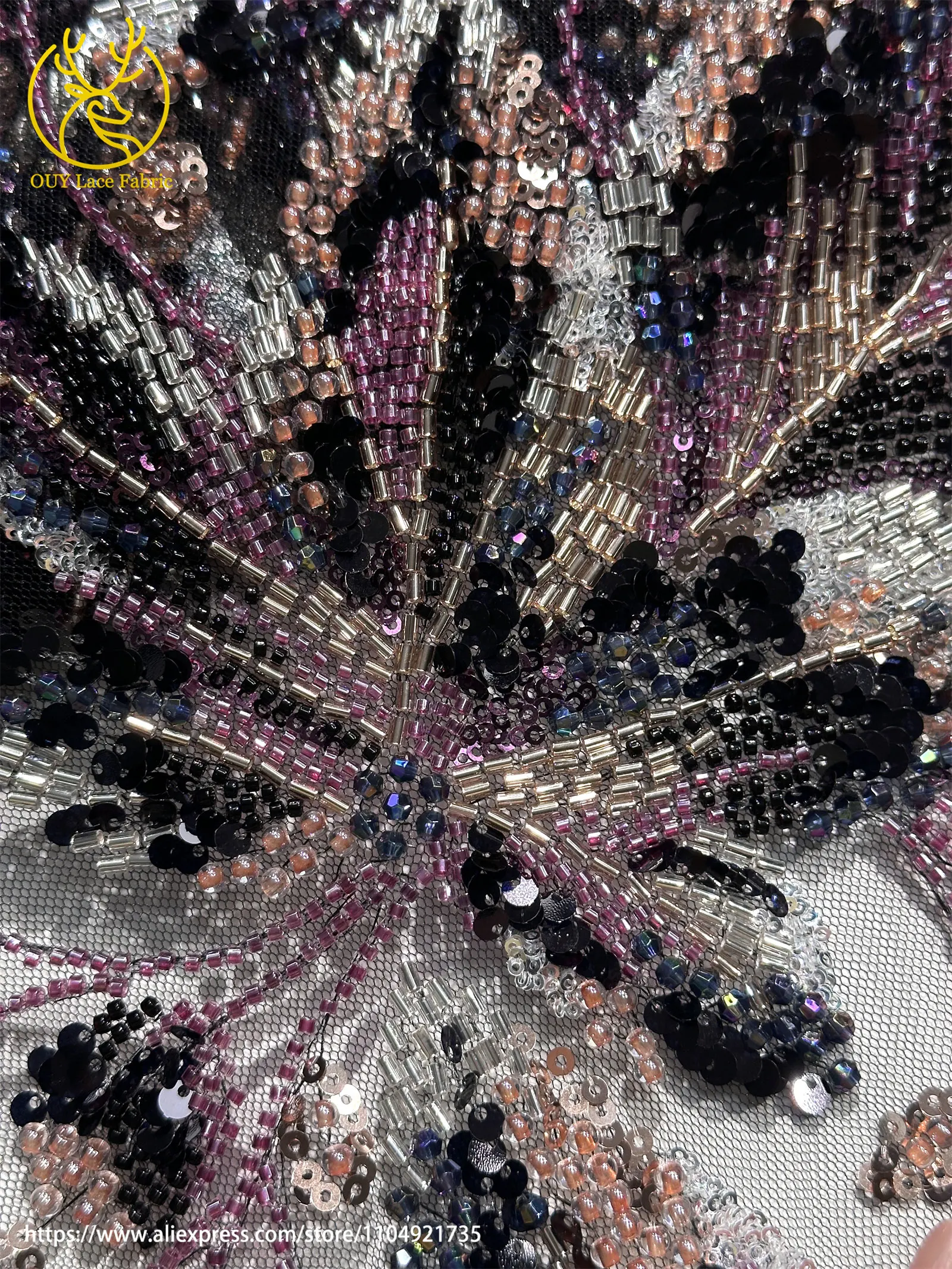 Lila Luxuriöser Afrikanischer Perlen-Spitzenstoff 2026 Modische Französische Nigerianische Pailletten-Stickerei-Spitze für Brautkleider – Detail 24