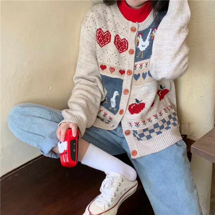 Vintage Casual Loose Love Cardigan Sweater Women\'s Sweaters Japanese Kawaii Ulzzang Female Korean Harajuku Clothing For Women