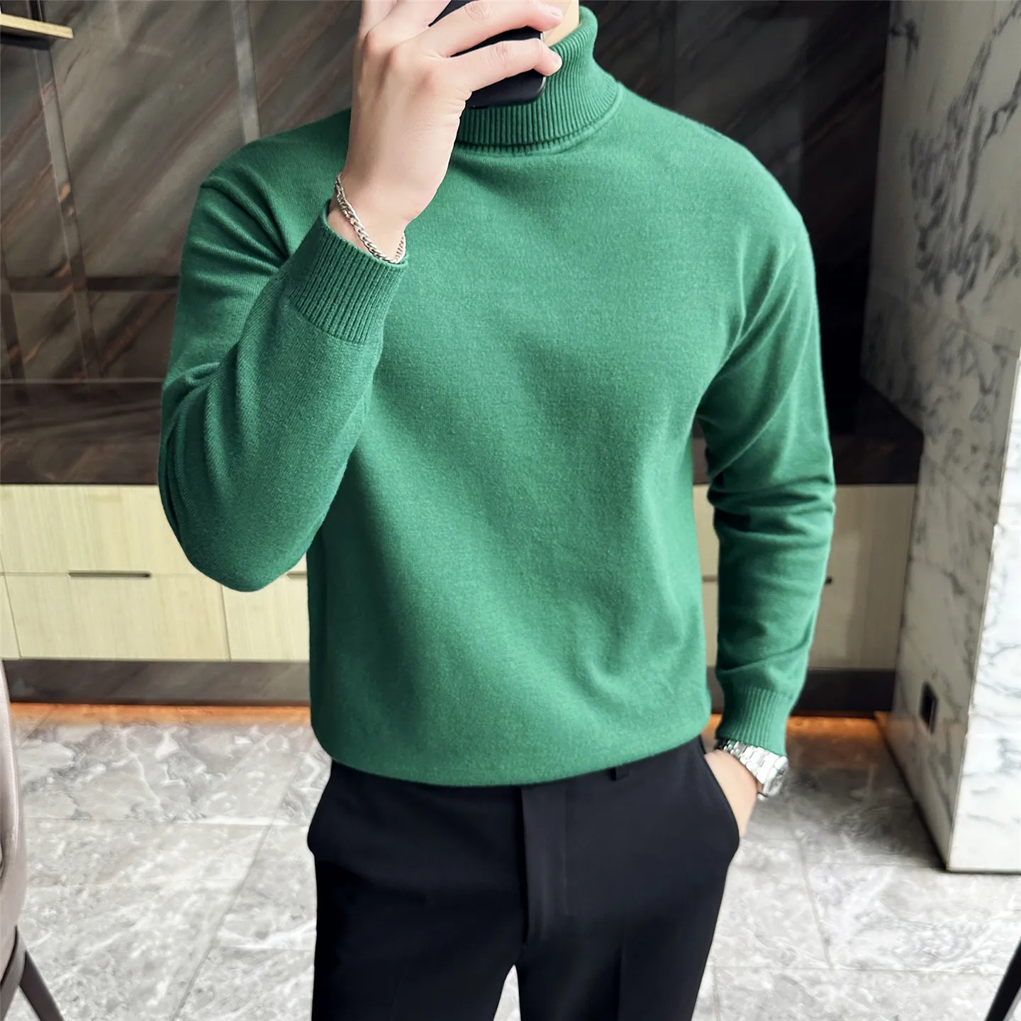 

Двусторонний мужской свитер с высоким воротником, зимняя вязка 2025 года, термостойкий базовый слой, зеленый/черный/белый кошачий глаз, базовая зимняя одежда S-L