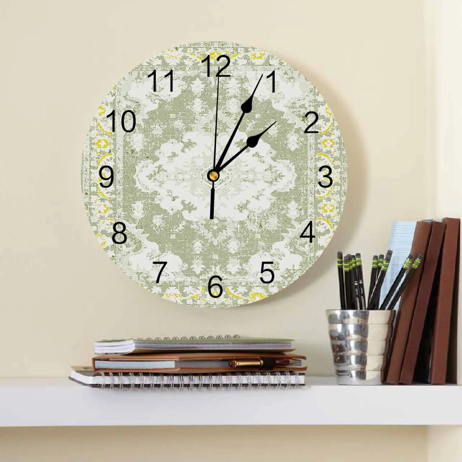 Geometric Ethnic Oriental Vintage Sage Green Printed Wall Clock Modern Silent Clock Living Room Home Decor Wall Hanging Watch