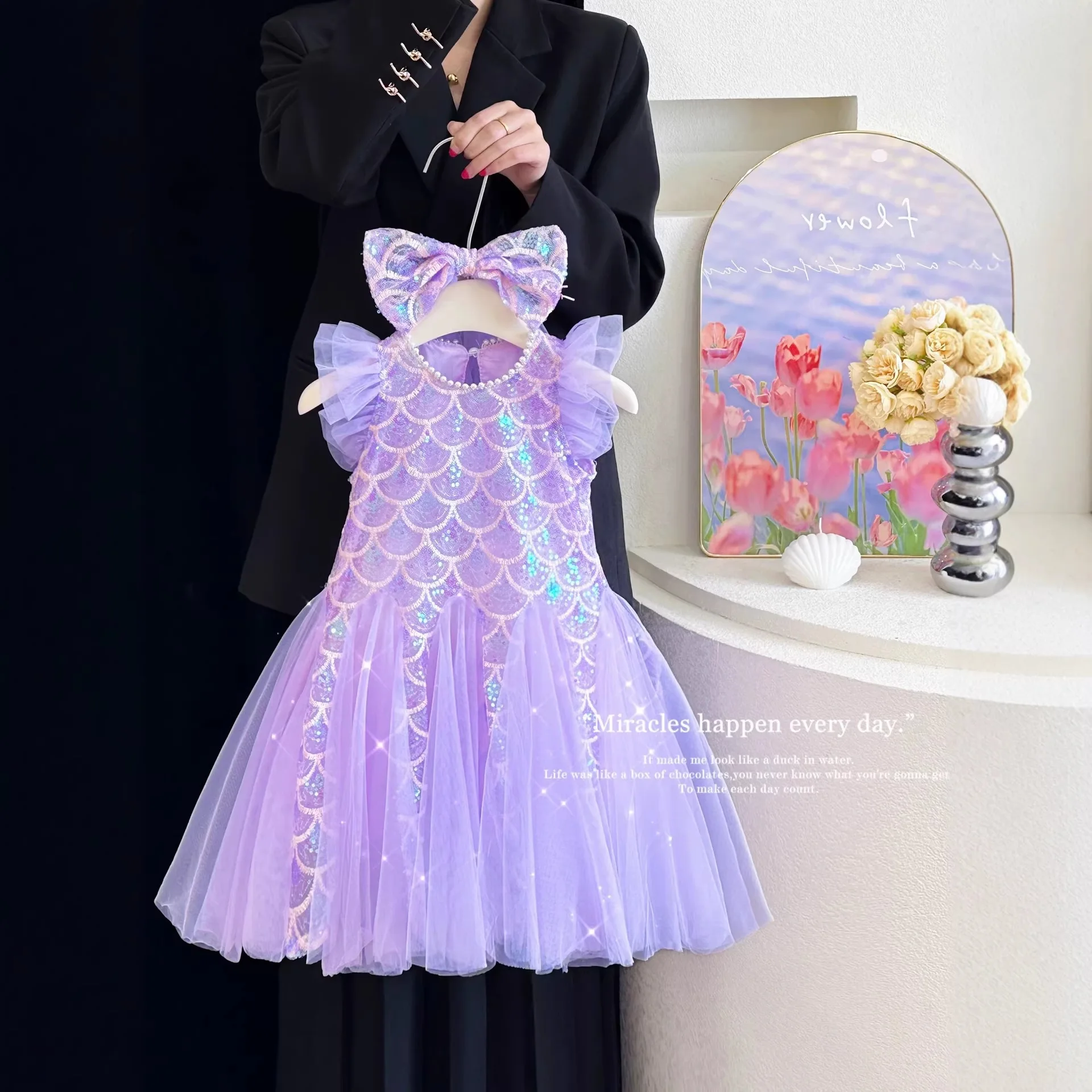 New Summer Party Dresses for Girls Children's Elegant Fashion Mesh Flying Sleeves Sequined Tank Top Princess Skirt  WK39