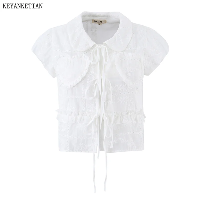 

KEYANKETIAN 2026 Summer New Woman Romantic Lace Trim Tie-Front Top Peter Pan Collar Puff Sleeve Cropped Casual Daily Wear