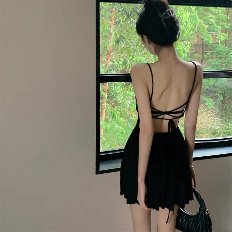 Sleeveless Dress Women Backless V-neck Off Shoulder Sexy Pure Seductive Temper Pleated All-match Daily Tender Summer Holiday