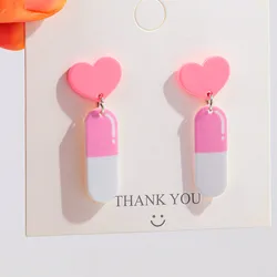 Valentine's Day Pink Pill Capsule Acrylic Pendant Earrings for Women New Sweet Love Heart Dangle Earring Creative Jewelry Gifts