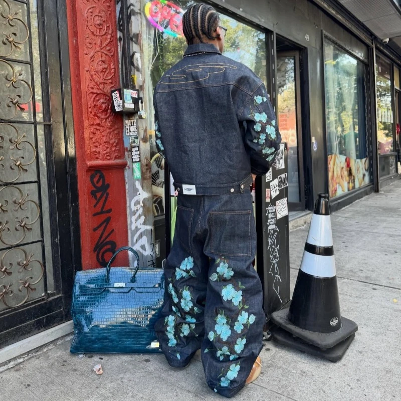 Y2K جينز فضفاض 2000s Harajuku تطريز زهر الكرز نمط الجينز الشارع الشهير خمر الهيب هوب الرجال النساء عادية واسعة الساق الجينز #4