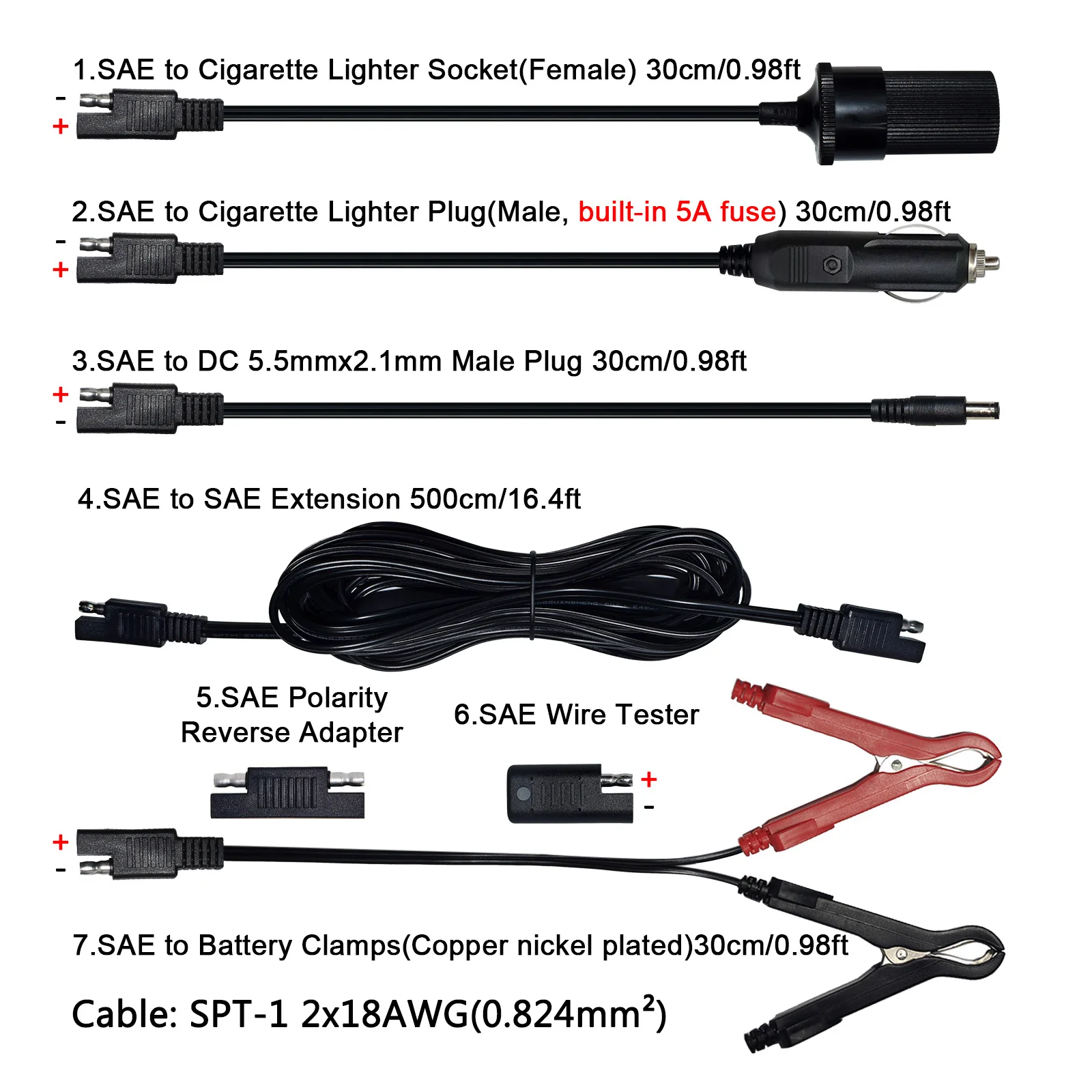 Solar Car Batttery Power Cable Kit 18AWG SAE Connector with Cigarette Lighter Plug Socket Alligator Clamps DC5521 Extension Cord