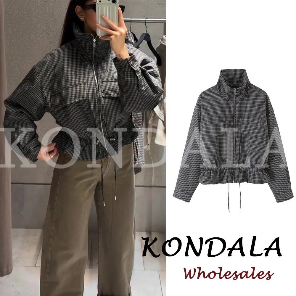 KONDALA Vintage Plaid Fashion 2026 Women Padded Jacket Pocket Loose Folds Chic Lace Coat High Street Casual Modern Mujer Outwear