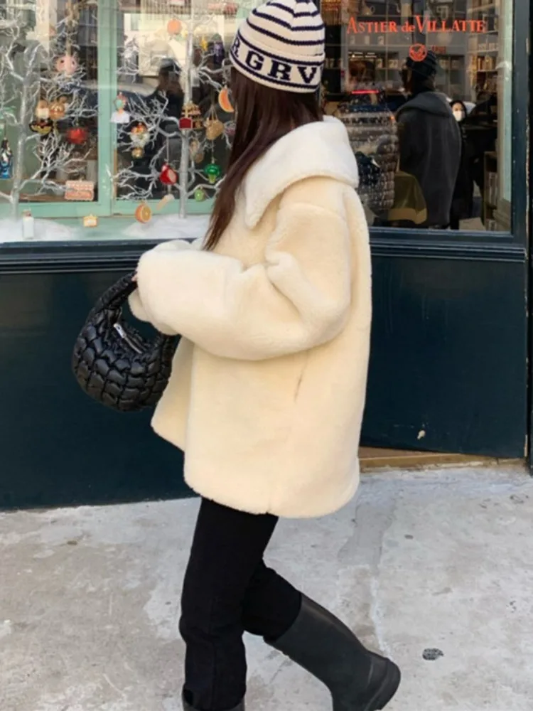 Lamb Fur Coat Women's Loose Thiened Autumn Winter Warm Zipper Sweatirt Large Collar Rabbit Fur Simulation Outerwear
