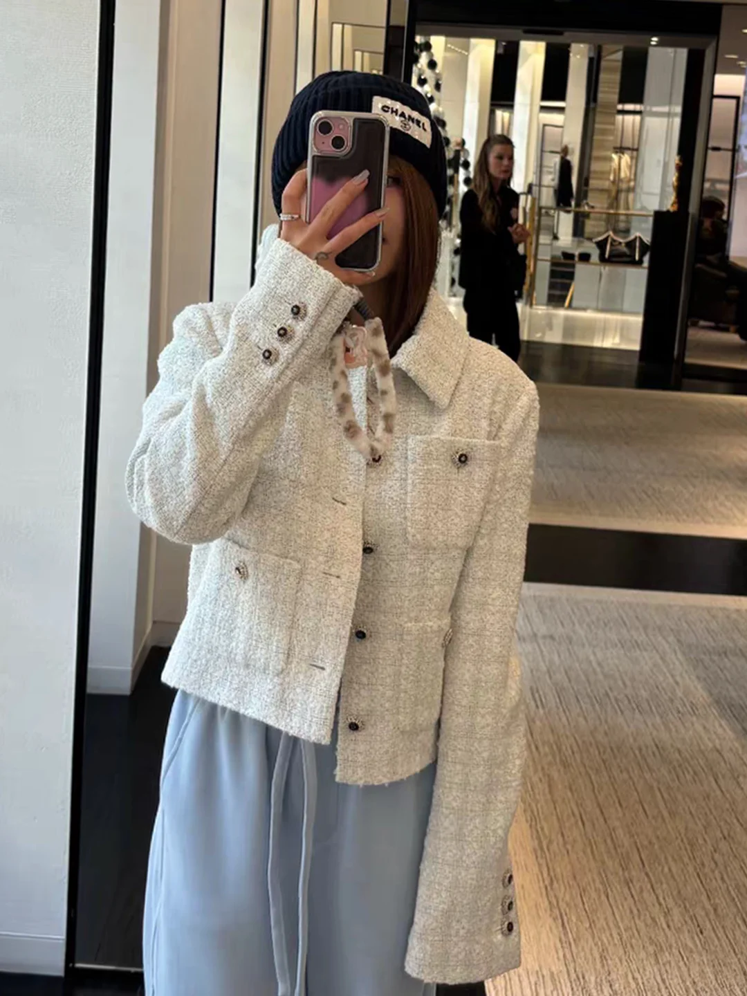  Retro Plaid Short Coat Women's Heavy Woolen Knitwear Spring Fashion Straight Cut Long Sleeve Button up Top