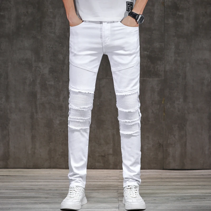 

Spring Autumn New Slim Men's Motorcycle Jeans Stretch Straight Pleated Fashion Hip Hop Male High Street Denim Trousers