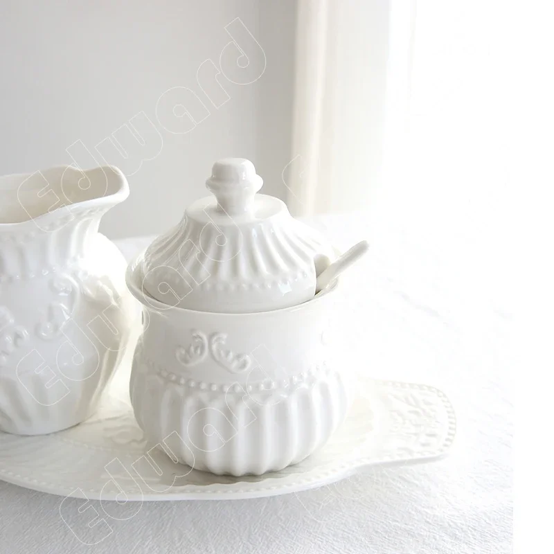 European Style Cups Sugar Jar Milk Jug Baroque Style Coffee Accessories Ceramic Coffee Mug Tea Set Embossed Striped Household