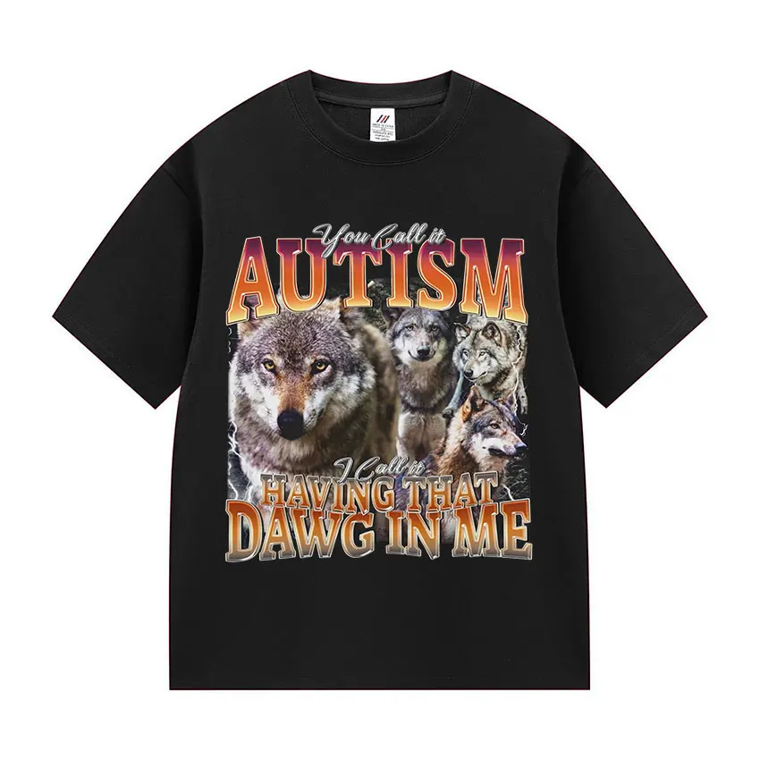 Chamam-lhe Autismo, Eu Chamou-lhe Ter Essa Besta Dentro de Mim - Camiseta Engraçada com Meme de Lobo, Camiseta Masculina Vintage de Algodão de Manga Curta, Streetwear