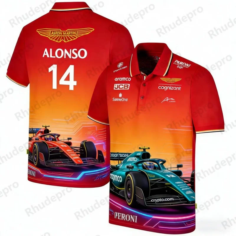 

Aston Martin Racing Team Training Street Style Button Polo Shirt Fernando Alonso 14 Men's And Women's Short Sleeve Clothing