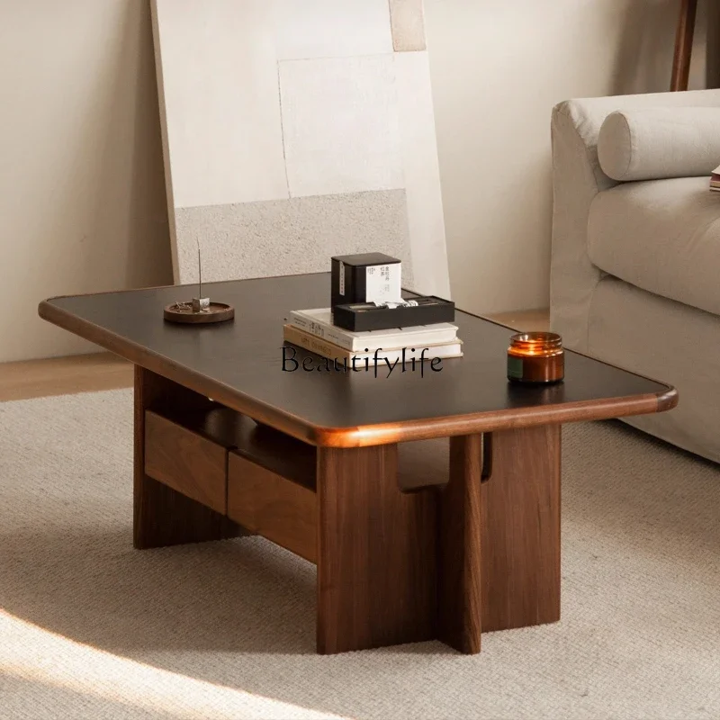 

LJYBlack walnut coffee table living room household small apartment solid wood rock slab coffee table