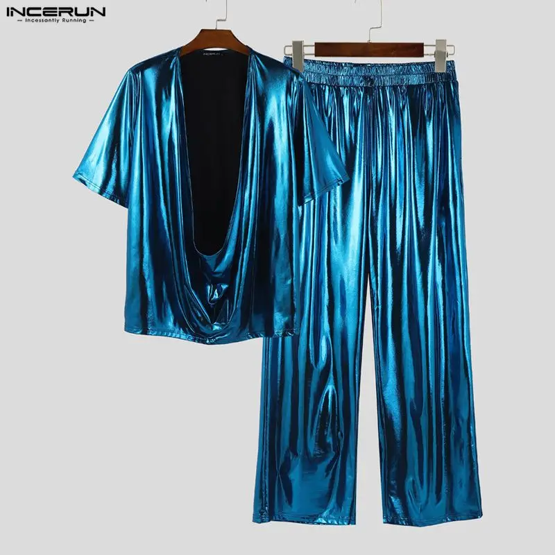 

INCERUN Men's Sets Shiny Short Sleeve T Shirt Pants 2 Piece Sets Streetwear Party Men Matching Sets Sparkling Fashion Tracksuits
