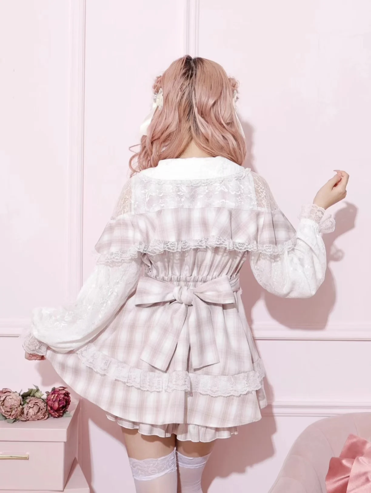 Setelan baju dan celana pendek Lolita Jepang, setelan pakaian 2 potong untuk wanita, baju sambungan kotak-kotak, Waring, manis dan lucu, Set celana pendek Lolita Jepang musim semi