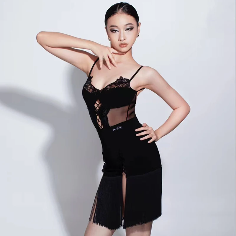 Vestido de dança latina preto feminino com franja, malha sexy com renda, roupas de performance rumba, roupas de dança prática, DNV21252