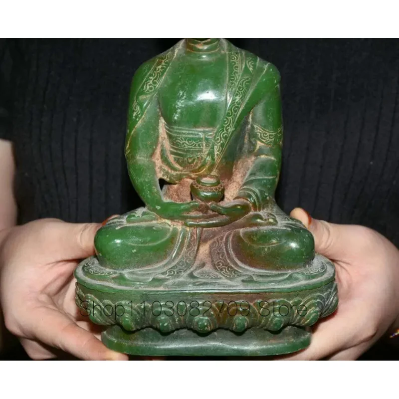 Imagem -03 - Jade Verde Natural Esculpida Buda Lotus Estátua Shakyamuni Amitabha Old Tibet 88