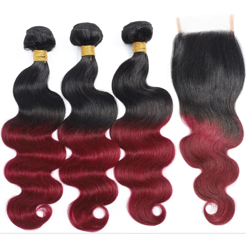 Mechones de cabello humano brasileño con cierre, mechones de ondas corporales ombré con cierre, dos tonos, rojo vino, 12A, 1B/99J