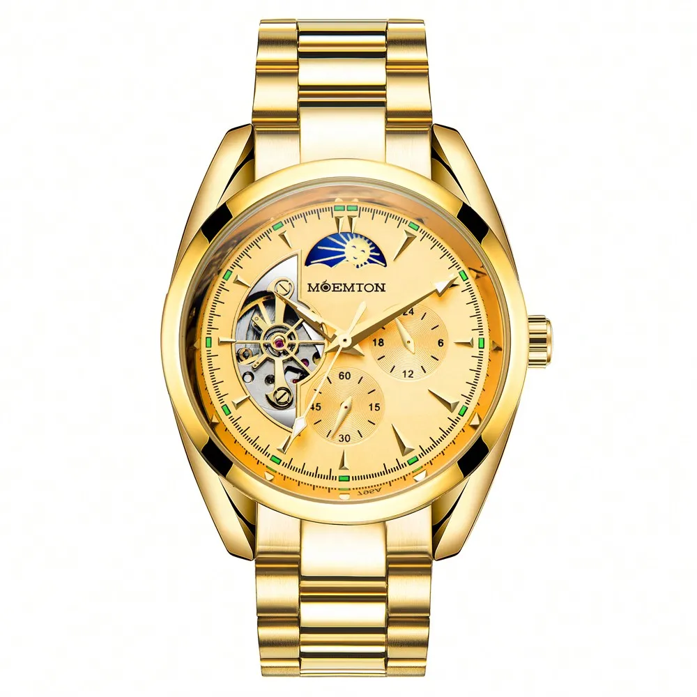

Watches for Men MOEMTON Luxury Skeleton Automatic Mechanical Watch Sun Moon Phase Tourbillon Style Stainless Steel Strap