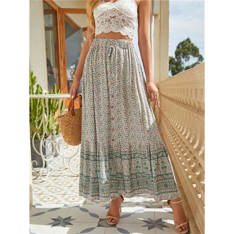 

ASDS-Maxi Skirts For Women 2025 Summer Boho Long Flowy Floral Elastic High Waist Front Slit Skirt Casual Travel Skirt