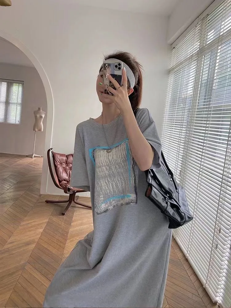 ฤดูร้อนสบายๆเกาหลีแฟชั่นการพิมพ์ Oversize หลวมยาว T เสื้อรอบคอแขนสั้นชุดผู้หญิง Vestido