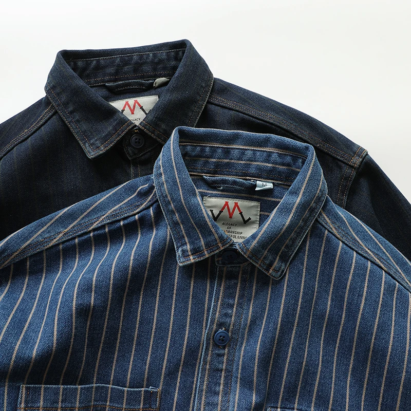 Американская рабочая одежда в стиле ретро Long Sve Denim irt Свободная повседневная полосатая одежда Irt Молодежная трендовая осенняя одежда Безопасное железо