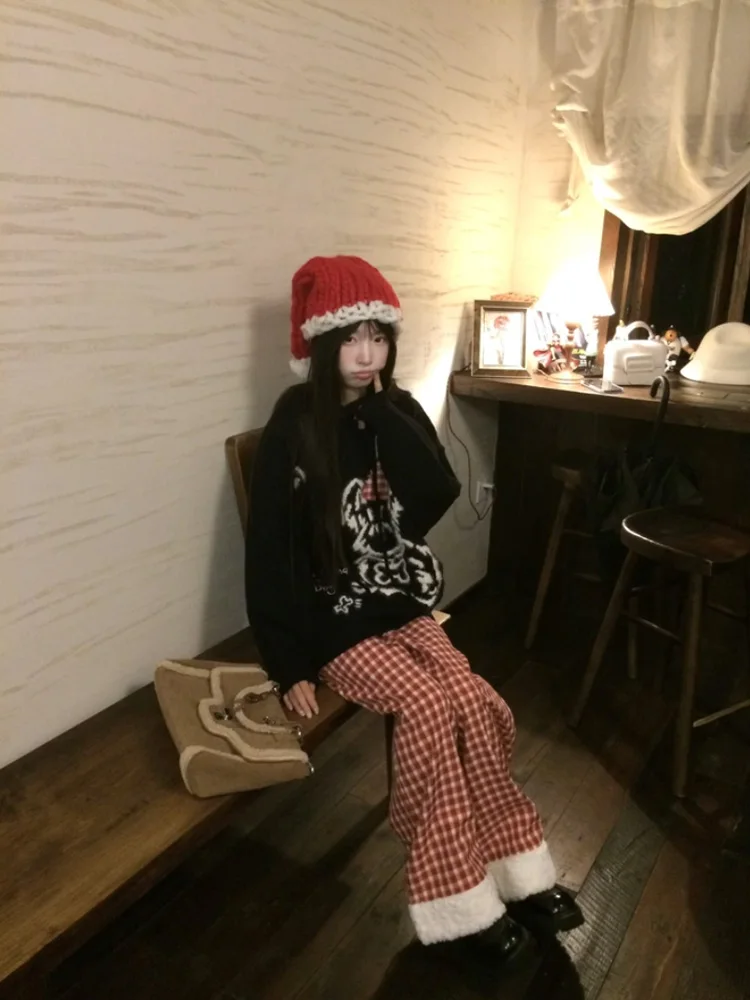 الأحمر منقوشة لامب المخملية المرقعة Fce المرأة فضفاضة بنطال ذو قصة أرجل واسعة الخريف الشتاء عادية عالية الخصر بنطلون طويل