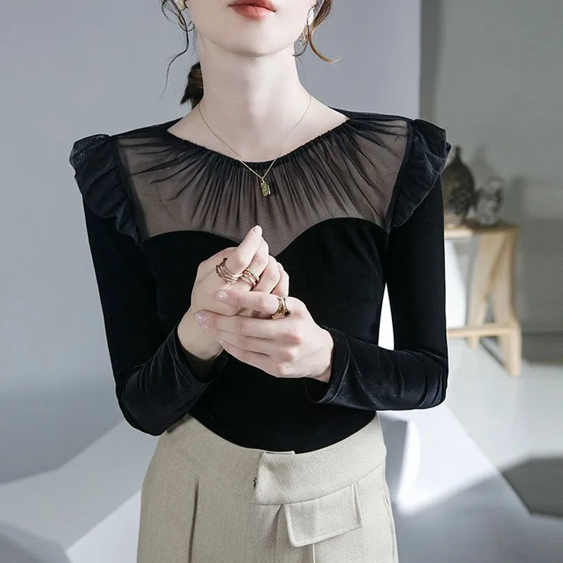 2023 NEW Autumn AND Winter Round Neck Ruffle Edge Fashion Mesh Splice Fashion Velvet Micro Transparent Versatile Little Shirt