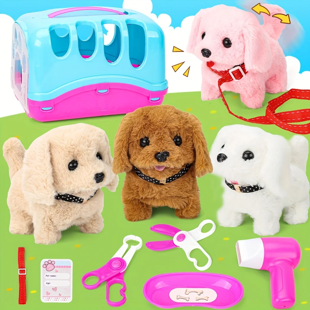 Pet Puppy Care Accessories with Dog  House -Simulated Brador Dog Call Plush Toy - Children Interactive Vet Clinic Doctor - Role