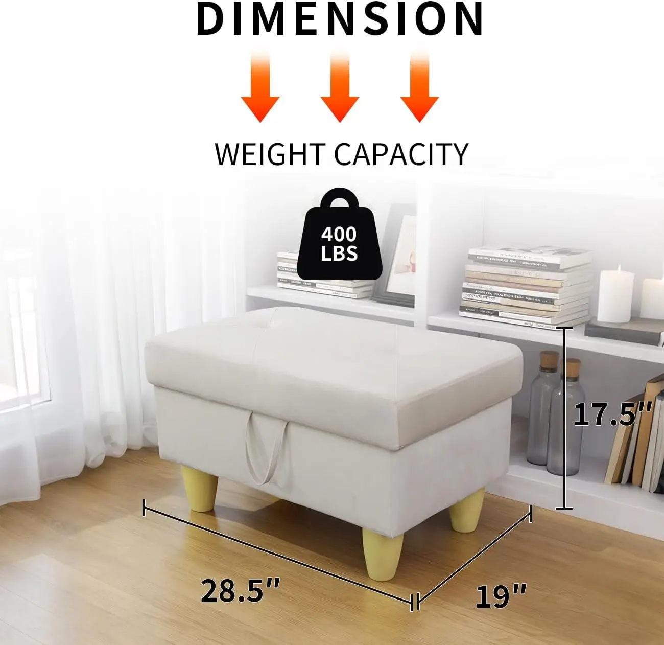 Large Square Storage Ottoman Bench, 28.5 Inch Footstool with Storage, Padded Foot Rest, Coffee Table, Thick Cushion, Cream Flannel for Living Room Bedroom Entryway Home Decor RV Car Loft