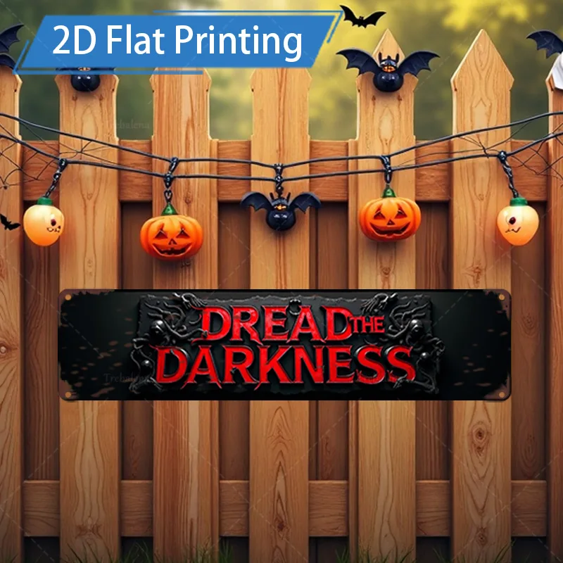 1 قطعة علامة معدنية ، 4x16 بوصة علامة "Dread the Darkness" للهالوين ، طباعة مسطحة ثنائية الأبعاد ، ديكور الخفافيش المخيف واليقطين