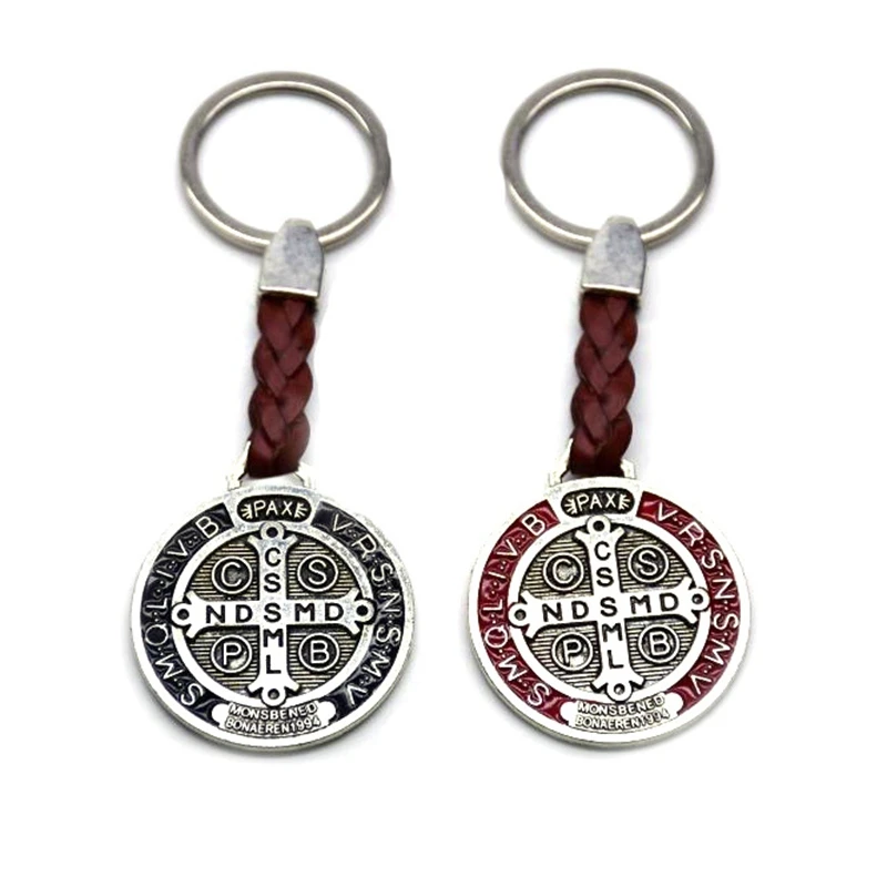 Vintage Saint Benedict PU Leather Keychain, Religious Gift