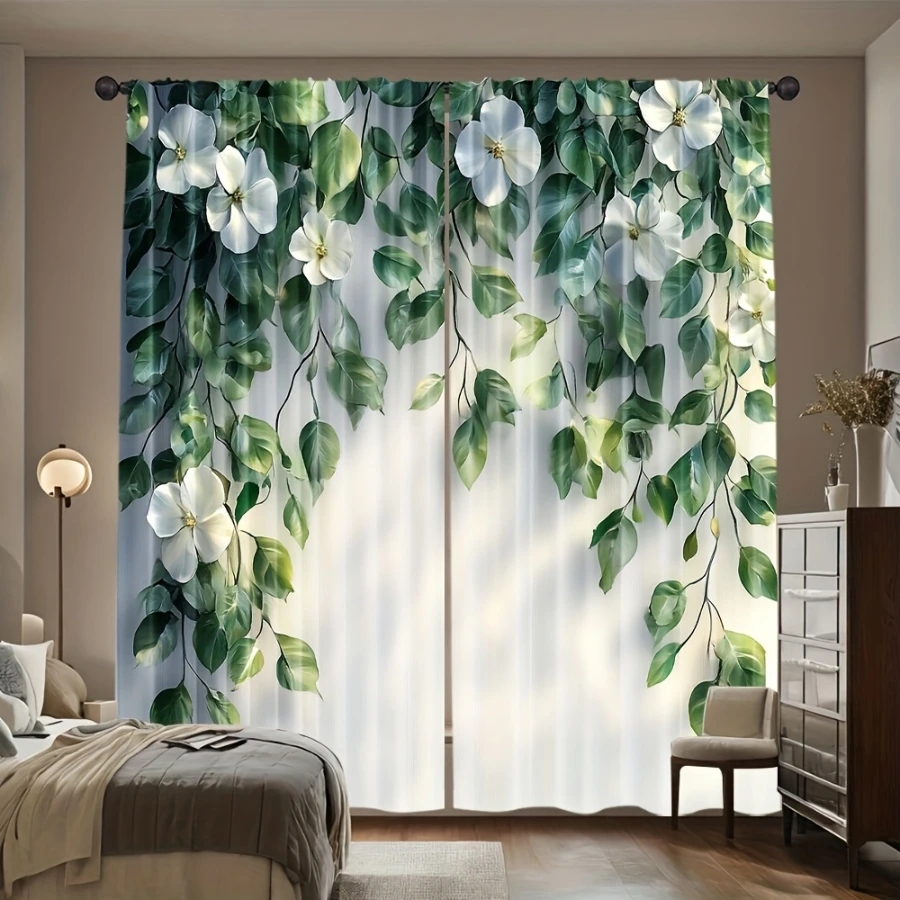 2PCS Digital Print Curtains, Green Vine White Flowers, Fresh Climbing Floral Decor Natural Botanical Trailing Bedroom Drapes