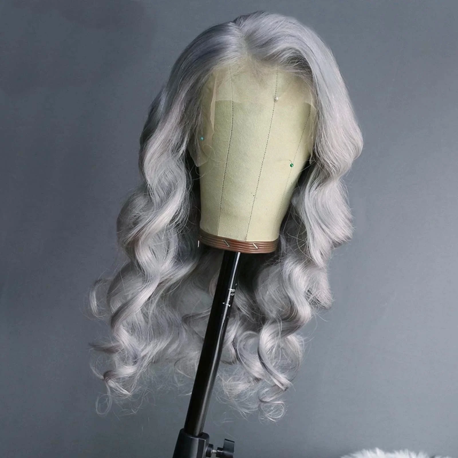 Perruque Lace Front Wig Synthétique Ondulée, Cheveux Longs Gris Argenté, Sans Colle, pour Femme