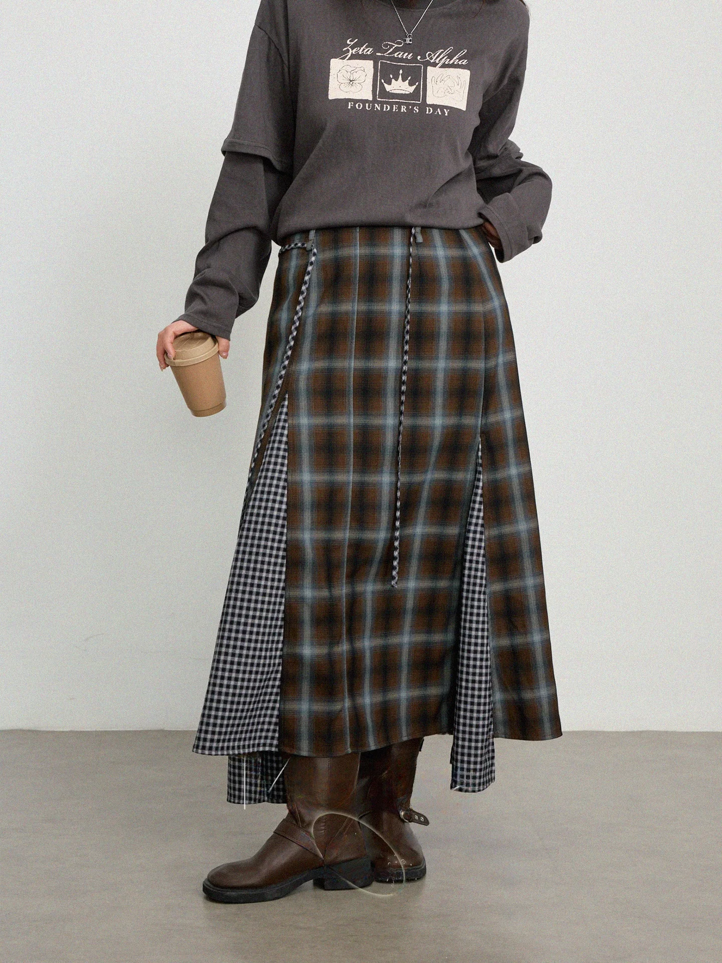 

plus Size Casual Plaid Midi Skirt Vintage Splicing A-Line Skirt High Waist Polyester Fiber Spring New Arrival Women's Clothing