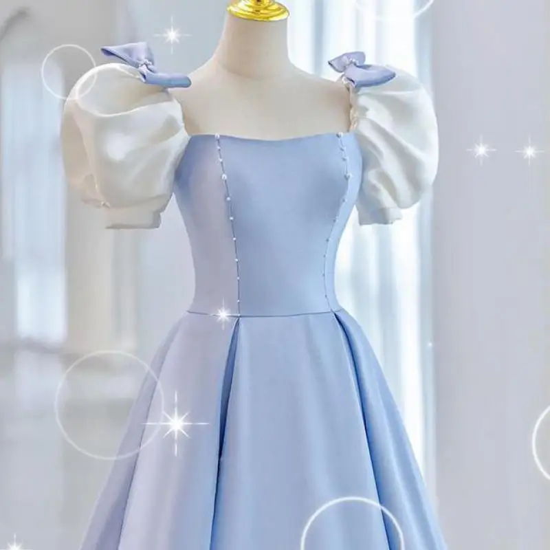 Vestidos De Quinceañera De satén con cuello cuadrado para mujer, elegante Vestido De noche De graduación con lazo y perlas, manga De linterna, nuevo