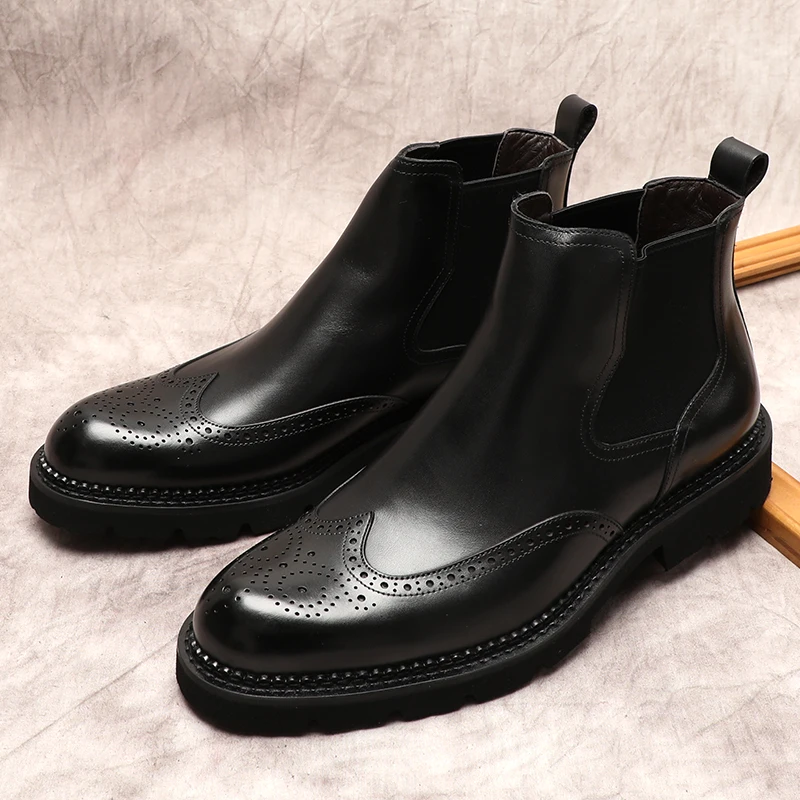 Luxury Genuine Leather Men Ankle Boots Black Brown Slip On Elegant Dress Man Boots High Qualiti Formal Autumn Chelsea Boots Shoe