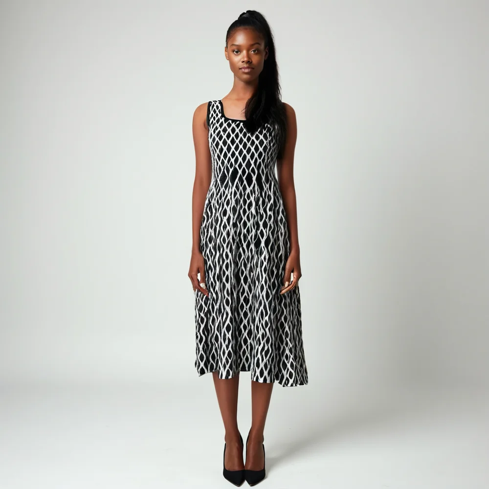 Square Neck Geometric Printing Knitted Dress Women's Sleeveless New Fashion A-Line Mid-Length Tank Dresses 5250135