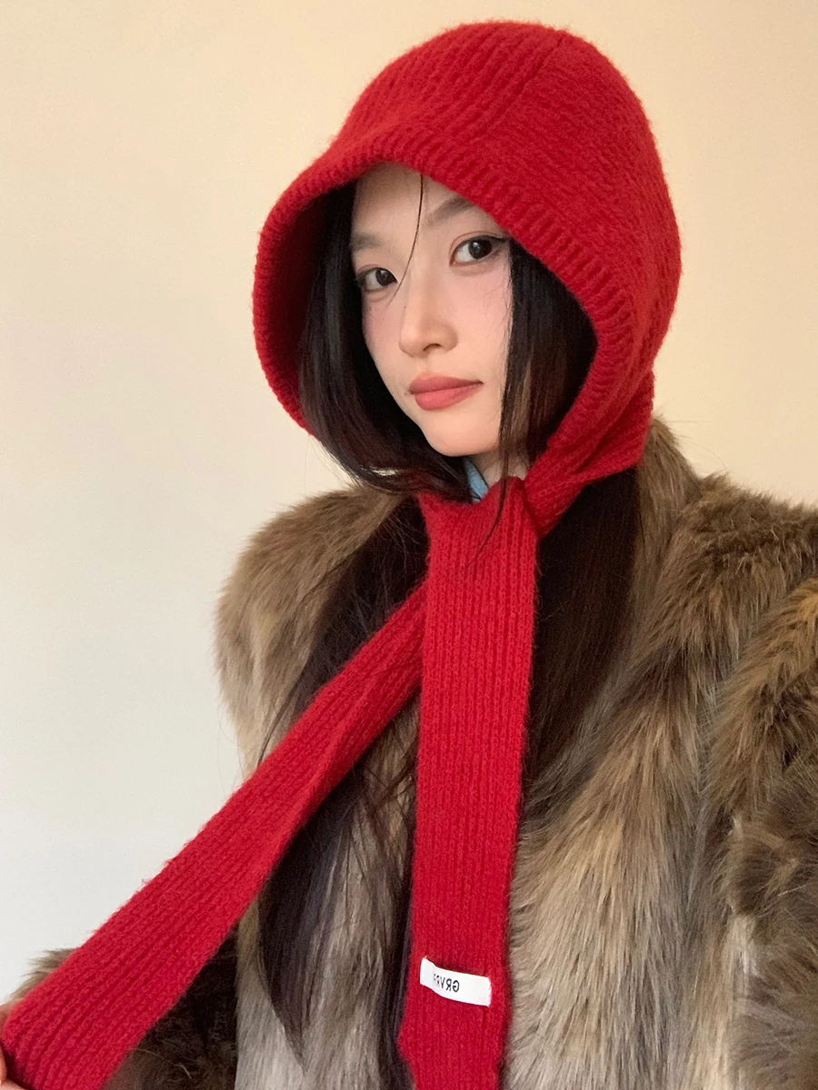 Woolen Christmas New Year's Red Hat Scarf One-Piece Women's Winter Knitted Neck Scarf Hooded Balaclava