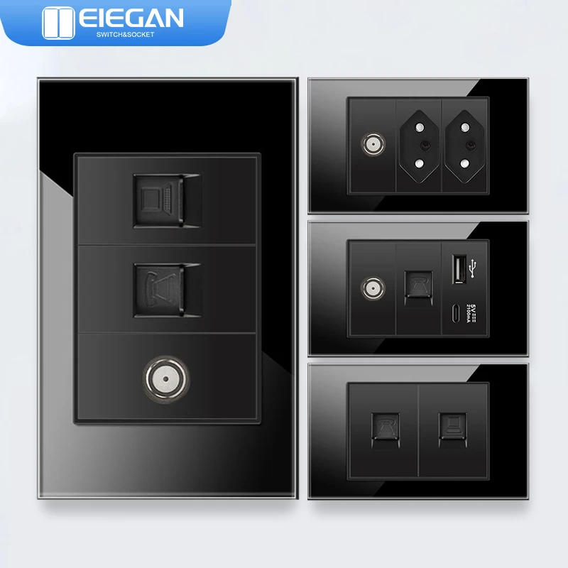 ELEGAN 118mm Black Tempered Glass panel Swiss-Brazil standard series 118*74mm wall computer combination socket switch