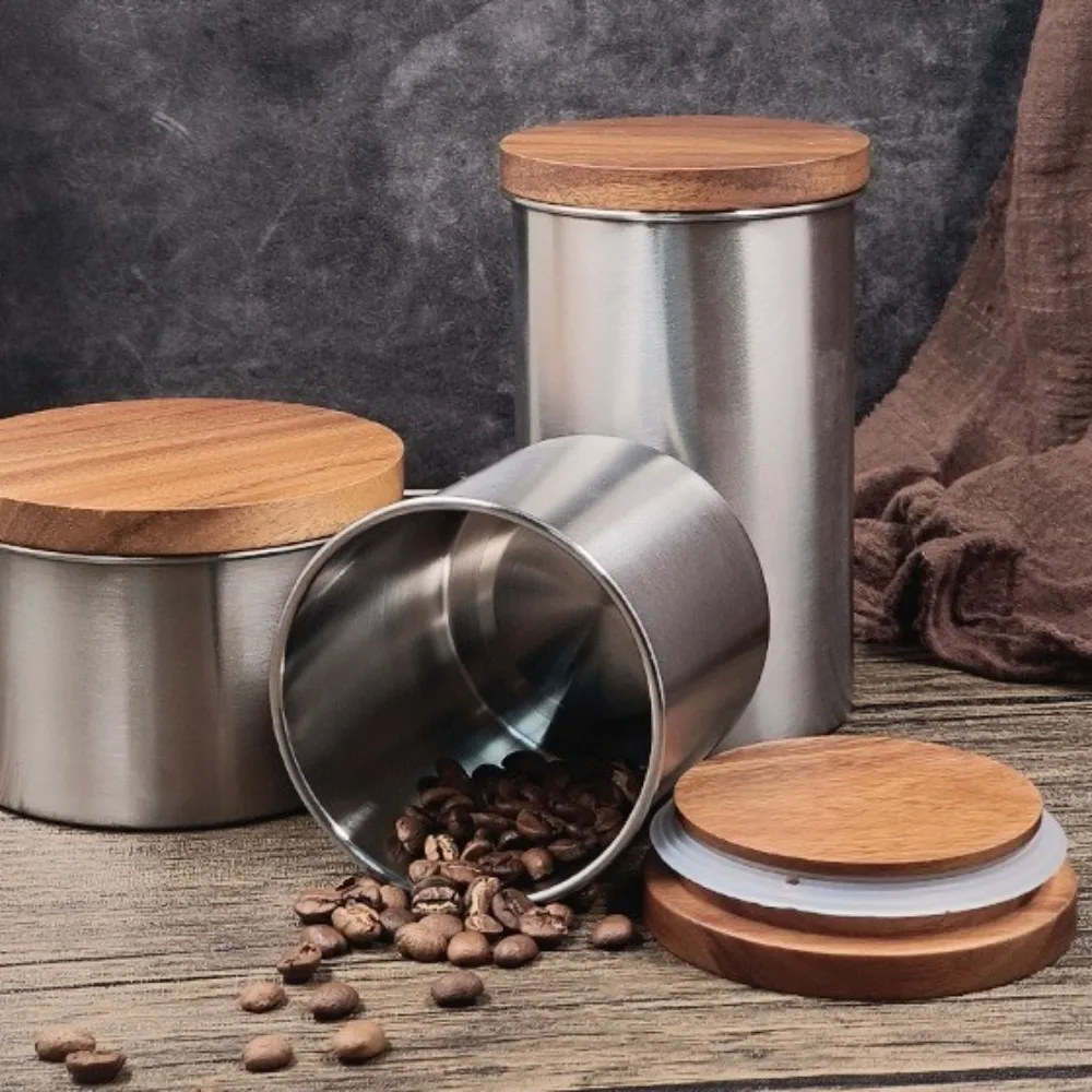 

Portable Stainless Steel Coffee Canisters Versatile Round Food Storage Container with Wood Lid Coffee Bean Storage Box Nuts