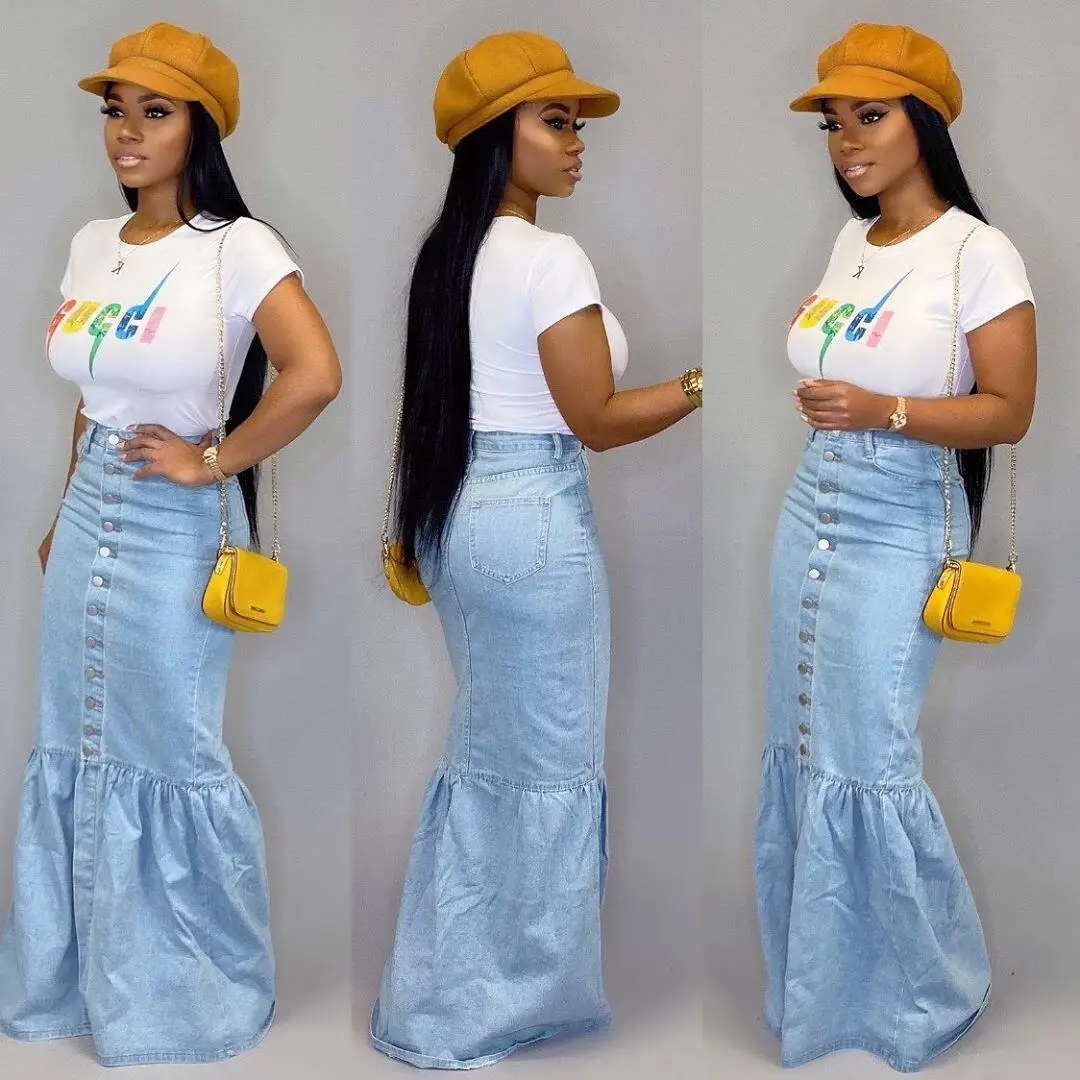 Independent Station New Stretch Denim Half Long  Fishtail Skirt Slim Tight Ankle Skirt