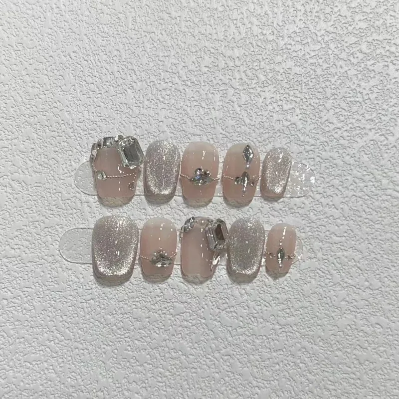 

10Pcs /Set Full Cover False Nails Press on Nails Diy Pure Handmade Patch Removable Fake Nails Nude Flash Steel Ball Short