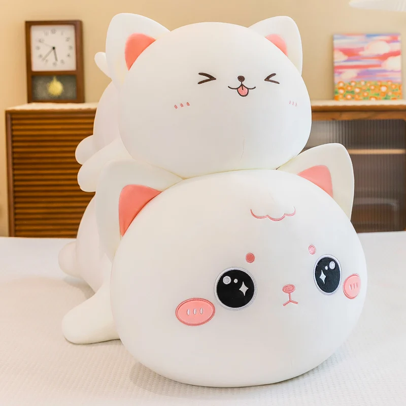 Juguete de peluche de gato Kawaii para niños, almohada de gato tumbado, blanco, gris, regalo de cumpleaños, 35cm, 50cm, 65cm