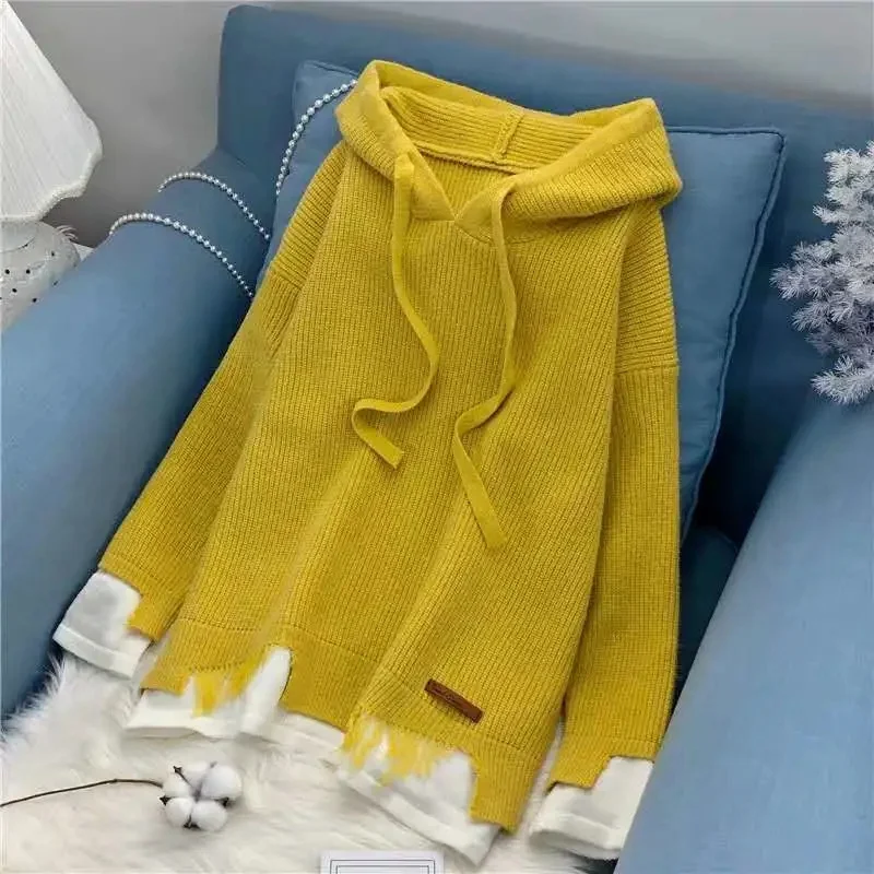 Felpa con cappuccio in maglia con cappuccio donna 2023 spessa nuova finta versione coreana di due moda della parte superiore Ins maglione cappotto