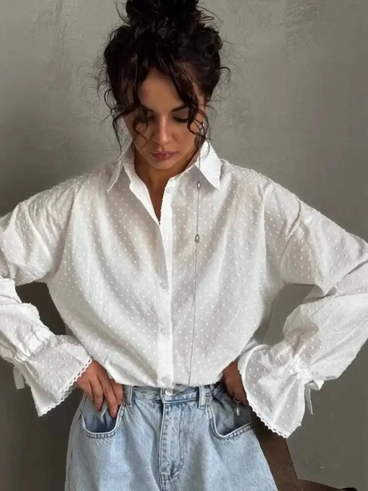 Single Breasted Cardigan Cotton Blouse Women's White Shirts Spring Fashion Autumn New Flared Sleeve Top